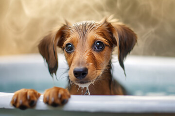 Adorable Dog's Bath Time Adventure. Heartwarming moment of a cute dog happily taking a bath. Ai generated