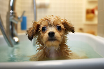 Adorable Dog's Bath Time Adventure. Heartwarming moment of a cute dog happily taking a bath. Ai generated