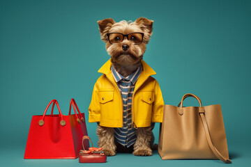 Cute dog nex to colorful shopping bags, capturing the excitement and satisfaction of a successful shopping spree. Ai generated