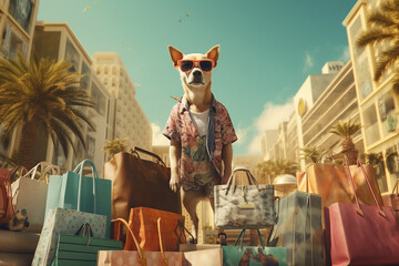 Cute dog nex to colorful shopping bags, capturing the excitement and satisfaction of a successful shopping spree. Ai generated