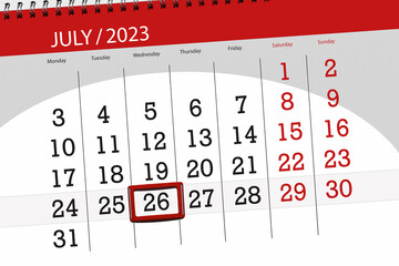 Calendar 2023, deadline, day, month, page, organizer, date, July, wednesday, number 26