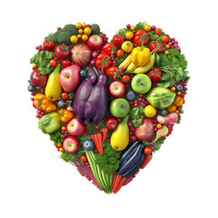 Naklejka na ściany i meble Heart made of fruits and vegetables isolated on transparent background, created with generative AI
