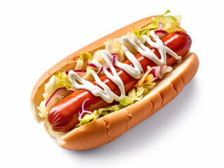 Fresh hot dog with sauces mayonnaise, ketchup and mustard and cabbage isolated on a white background