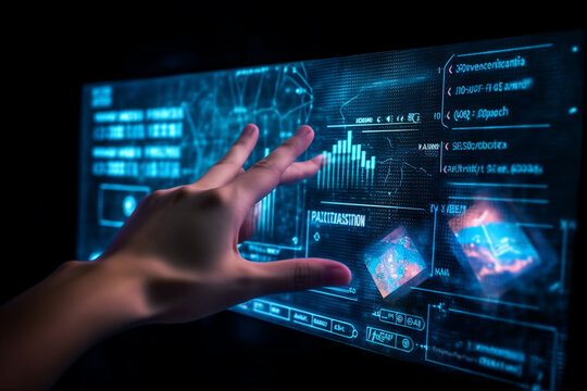 Hand reaching out to touch an interactive data screen, symbolizing the seamless connection between humans and technology. Ai generated