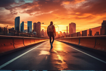 Fototapeta na wymiar Skater gracefully gliding through the city streets against a breathtaking sunset backdrop. Ai generated