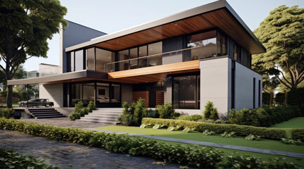 A large modern home with a large front porch and a balcony