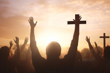 Christian  raising hands in praise worship and prayer to god with White cross at sunrise, Generative AI - obrazy, fototapety, plakaty