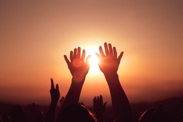 Free concept: Raised hands catching sun on sunset sky, Generative AI