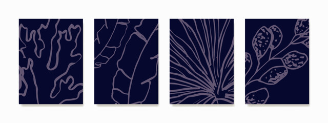 Leaf illustration wall art, featuring meticulously hand-drawn design lines in a captivating dark blue or purplish hue.