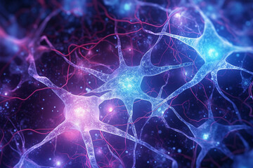 Naklejka na ściany i meble Close-up view of a vibrant neuron, intricately woven with its dendrites extending and intertwining with other neurons. Ai generated