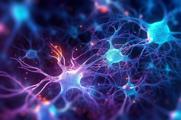 Close-up view of a vibrant neuron, intricately woven with its dendrites extending and intertwining with other neurons. Ai generated - obrazy, fototapety, plakaty
