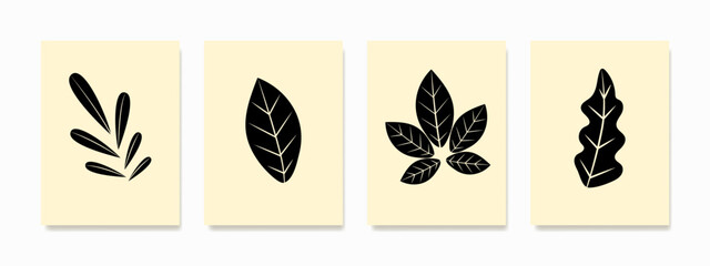 Black leaf illustration wall art, set against a soothing natural pastel color backdrop. Delight in the intricate details, capturing the shape and texture of the leaf veins.