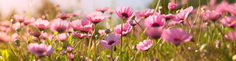 Obraz premium Colorfull flowering summer meadow with red pink poppy flowers. Wild summer flowers field. Summer landscape background with beautiful flowers. Extra wide banner. Generative AI