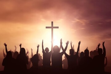 Easter and Good Friday concept, Silhouette many people raised hands worship god over sunset cross background, Generative AI - obrazy, fototapety, plakaty