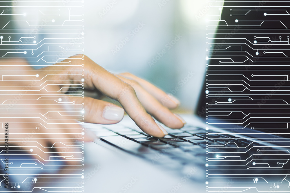 Aufkleber creative concept of microscheme illustration and hands typing on laptop on background. big data and 