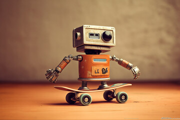 Fototapeta premium Small, comical robot expertly maneuvering on a skateboard representing the sheer joy and lightheartedness of a robot embracing the freedom of skateboarding. Ai generated