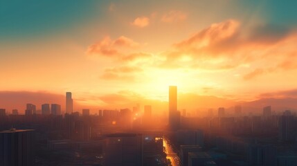 City day concept: big city at sunset background, Generative AI