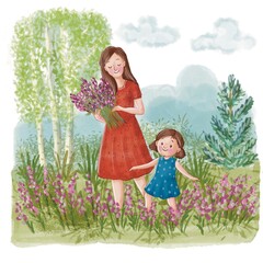 illustration with cute girl and flowers 