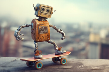 Small, comical robot expertly maneuvering on a skateboard representing the sheer joy and lightheartedness of a robot embracing the freedom of skateboarding. Ai generated