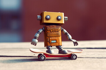 Small, comical robot expertly maneuvering on a skateboard representing the sheer joy and lightheartedness of a robot embracing the freedom of skateboarding. Ai generated