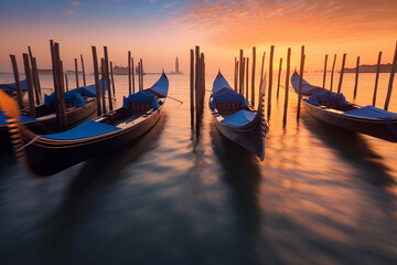 Enchanting beauty of a sunset in Venice, Italy. Gondolas gracefully parked along the serene shore, their reflections shimmering on the tranquil waters. Ai generated