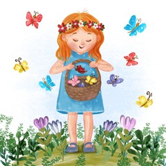 illustration with cute girl and flowers 