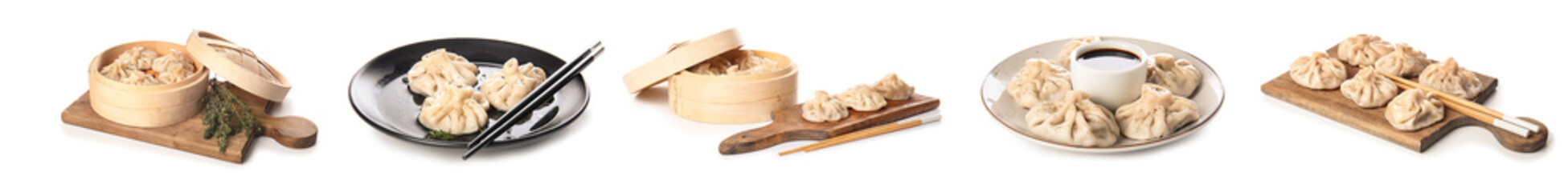 Collage of tasty Asian dumplings on white background