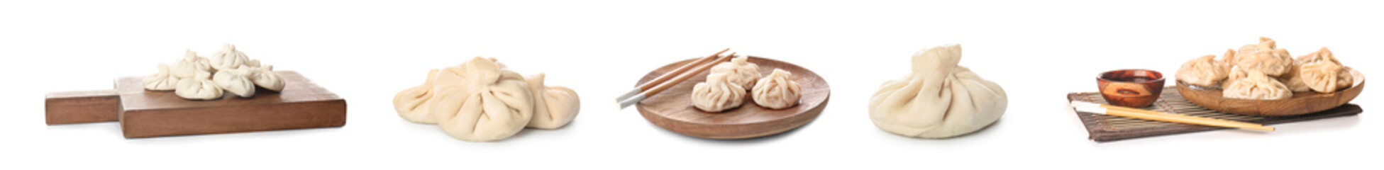 Collage of tasty Asian dumplings on white background