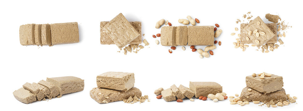 Collage of tasty peanut halva on white background