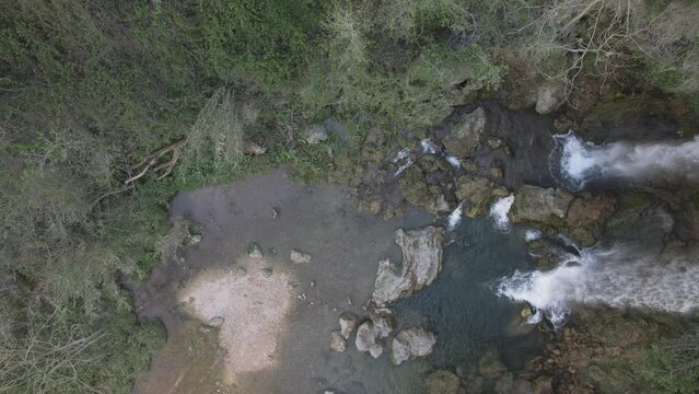 Aerial view of a waterfall, Gorgo de la Escalera, Anna, Valencia, Spain.