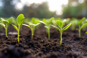 Young, vibrant plants emerge from the earth, their tender shoots reaching skyward, eager to thrive and mature. Ai generated