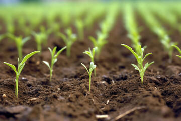 Young, vibrant plants emerge from the earth, their tender shoots reaching skyward, eager to thrive and mature. Ai generated