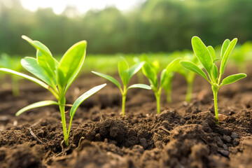 Young, vibrant plants emerge from the earth, their tender shoots reaching skyward, eager to thrive and mature. Ai generated