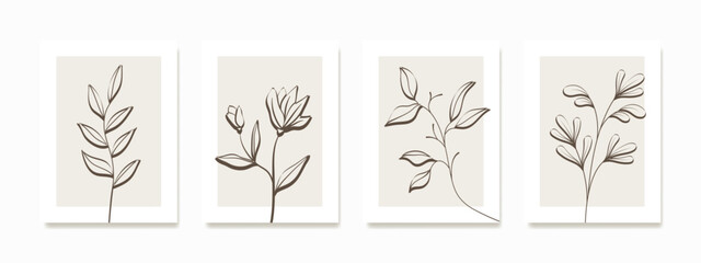 Fototapeta na wymiar Minimalistic hand-drawn wall art featuring a single flower and leaves in a beige paintbrush outline design.