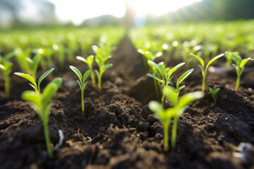 Young, vibrant plants emerge from the earth, their tender shoots reaching skyward, eager to thrive and mature. Ai generated