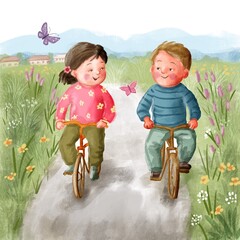 illustration with cute girl and flowers 