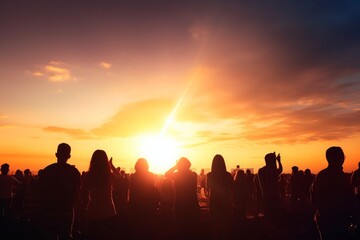 silhouettes of concert crowd in front of sunset background, Generative AI