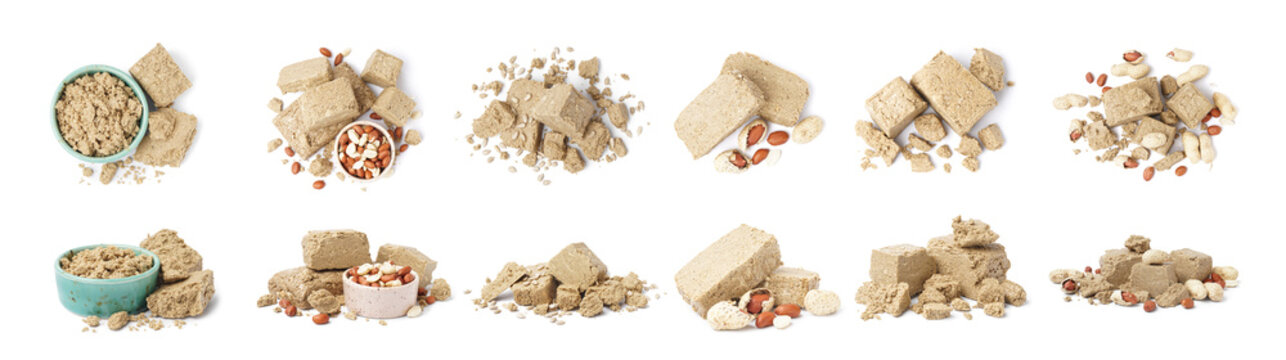 Collage of tasty halva with peanuts and sunflower seeds on white background