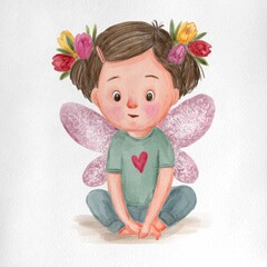 illustration with cute girl and flowers 