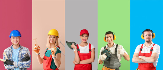 Collage of carpenters on color background