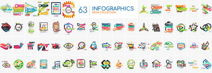 Huge mega collection of technology infographics, option steps and stickers. Web and internet buttons, frames and backgrounds