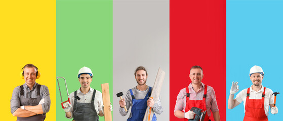 Collection of carpenters on color background