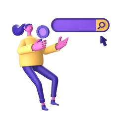 3D Character holding magnifying glass with search bar for UI UX web mobile apps social media