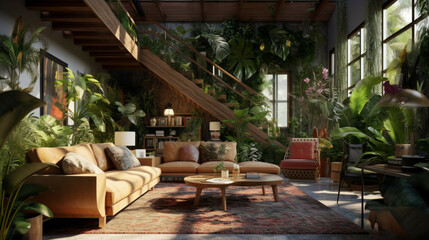 Fototapeta na wymiar 3D rendering of a modern living room interior design with natural light and green plants.Modern, Sustainable, and Eco-Friendly Living Room Interior Design Concept.