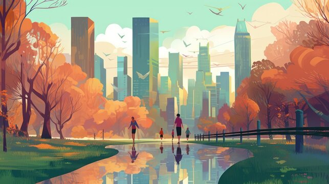 modern illustration of people running and jogging in a city park, ai tools generated image