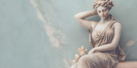 Marble statue of an ancient Greek goddess on pastel background