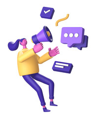 3D Character with loudspeaker and speech bubble message for UI UX web mobile apps social media