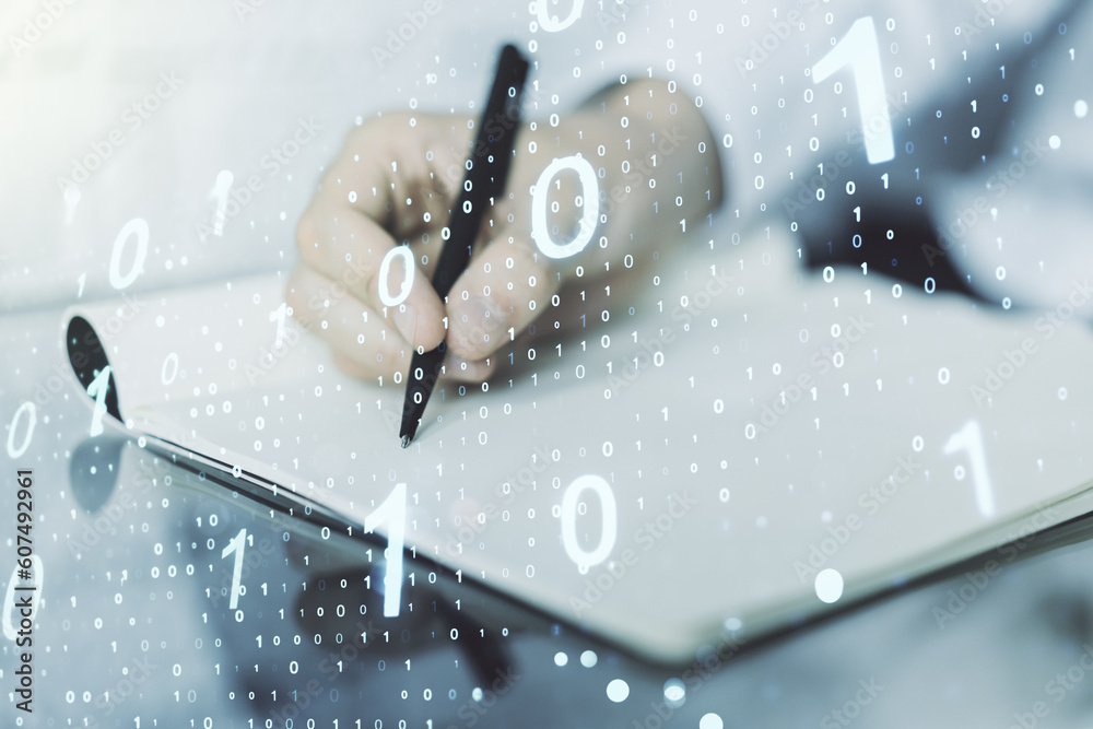 Aufkleber double exposure of creative abstract binary code hologram and man hand writing in notebook on backgr