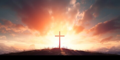 Obraz premium The cross of God in the rays of the sunset background, Generative AI