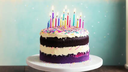 Colorful Birthday Cake With Candle And Sprinkles With Confetti 3d Rendering Banner. Generative AI